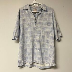 Luau Mens Large Silk Short Sleeve Summer Shirt Travel Hawaiian Print Blue